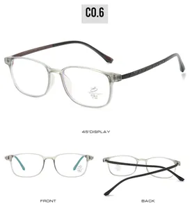 Detail showing flexible grey spectacle frame and woven textured temples with anti-blue light