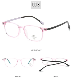 Three-way view of ultra-light pink and black flexible pure titanium glasses frames
