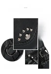 Detail of black leather bag showing litchi texture, metal rivets and silver zippers