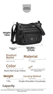 Detailed size chart for black multi-zipper crossbody bag showing 27x19x13cm dimensions