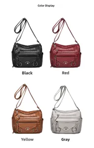 Color display of multi-pocket soft PU leather crossbody bags in black, red, brown and grey