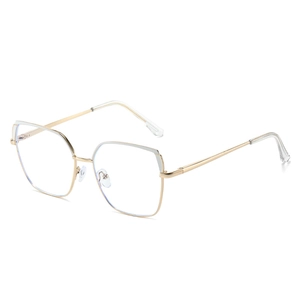 Golden geometric metal frame glasses with grey accent and anti-blue light clear lenses