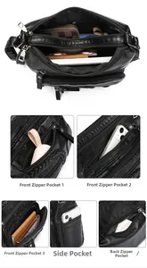 Detailed view of large capacity crossbody bag with multiple zipper compartments and texture