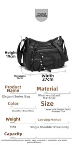 Detailed view of black multi-zipper shoulder bag with size 27x19x13cm dimensions