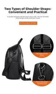 Detail of black pebbled leather backpack showing convertible straps and gunmetal hardware
