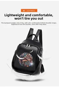 Detail of lightweight black leather backpack with ethnic print and woven shoulder straps