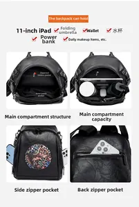 Detail view of large capacity black leather backpack showing interior pockets and 11-inch iPad fit