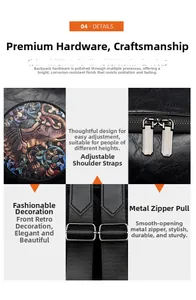 Detailed view of leather backpack featuring elephant ornament and adjustable straps