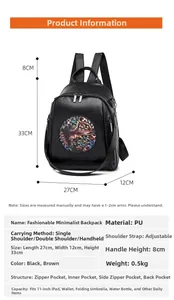 Detailed size specifications of black backpack with vintage elephant pattern and 27x12x33cm size