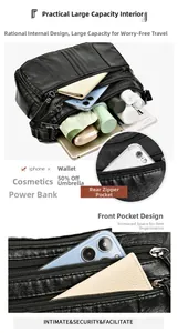 Detail of multi-pocket crossbody bag showing spacious interior for phone, wallet and umbrella