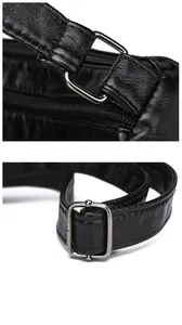 Detail of silver buckles and adjustable shoulder strap on black litchi grain leather bag