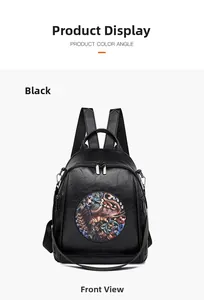 Detailed front view of black leather backpack with embroidered elephant ethnic pattern