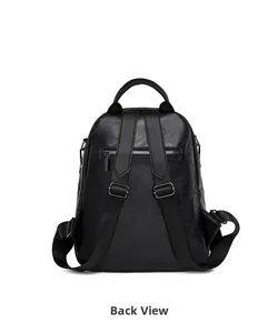 Detailed back view of black leather backpack with anti-theft zipper and adjustable straps