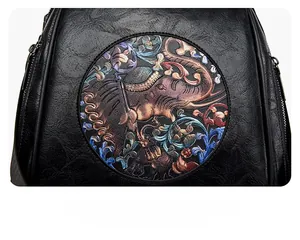 Detailed view of black leather bag featuring an embossed ethnic elephant circular pattern