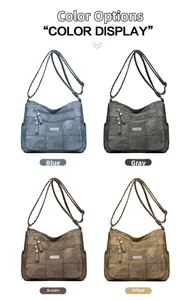 Detail view of multi-pocket crossbody bags in blue, grey, brown, and yellow colors