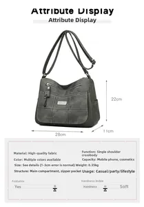 Detailed dimensions and multi-pocket structure of a dark gray canvas crossbody bag