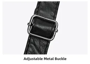 Detail of adjustable silver square buckle on black lychee leather strap for shoulder bag
