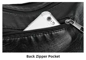 Close-up of black leather shoulder bag with a functional back zipper pocket for smartphones