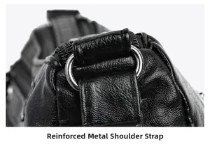 Close-up of durable metal ring hardware and reinforced stitching on black leather bag