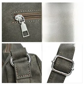 Detail of silver-tone metal zippers and hardware on a textured olive crossbody bag