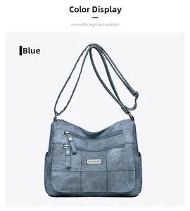 Detail of vintage blue crossbody bag with textured leather and multiple front zipper pockets