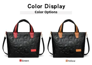 Color display of two embossed letter tote bags in green and yellow contrast handles