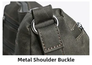 Macro shot of high-quality hardware buckle and stitching on green canvas shoulder bag