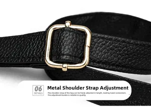 Detail of adjustable black pebble leather shoulder strap with gold metal buckle