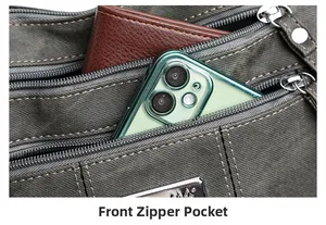 Front zipper pocket detail of a dark grey canvas bag with phone and wallet storage