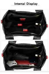 Internal display of tote bag showing compartments with phone and wallet inside