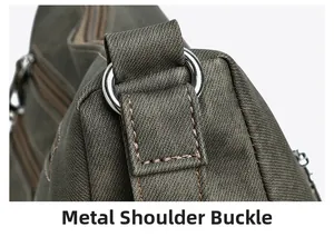 Detail of durable canvas texture and sturdy hardware shoulder buckle on crossbody bag