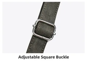 Detail of adjustable dark green canvas strap with a square silver metal buckle