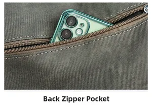 Detail view of the back zipper pocket on a green canvas crossbody bag holding a phone
