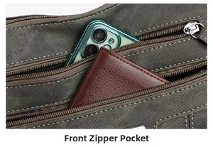 Front zipper pockets on crossbody bag showing storage for smartphone and wallet