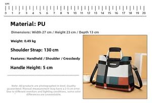 Detailed view of color-block PU leather crossbody bag dimensions and specifications