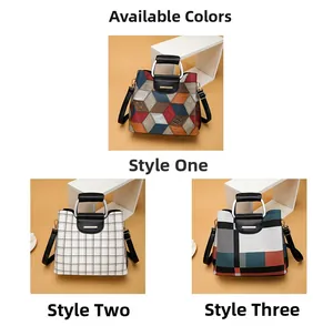 Detailed view showing multiple patterns including stripes and geometric tiles on crossbody bags