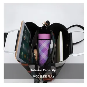 Top view showing large interior capacity of plaid tote bag for iPad and essentials