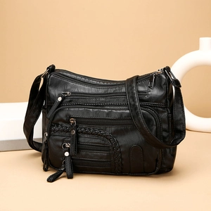 Women Soft PU Leather Shoulder Bag Multi-Pocket Large Capacity Crossbody Handbag Woven Detail Adjustable Strap Casual