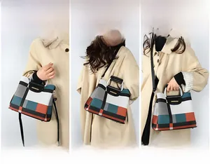 Detailed views of multi-color block handbag showing top handle, shoulder, and crossbody styles