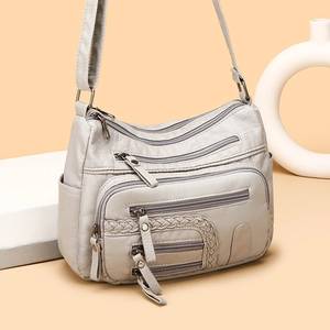Light gray multi-pocket large capacity shoulder bag made of soft lychee pattern PU leather