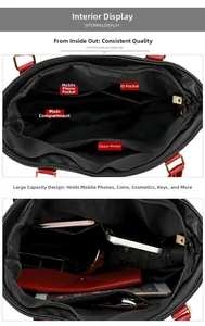 Detailed interior view of a black embossed tote bag showing spacious compartments