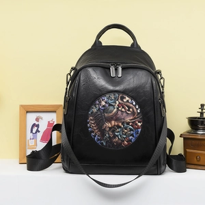 Women Ethnic Elephant Pattern PU Leather Backpack Retro Spacious Multi Functional Travel Daypack Fashion Bag