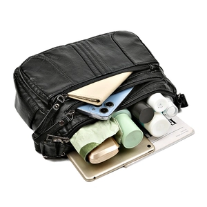 Minimalist soft PU leather shoulder bag for women with multiple zipper pockets and large capacity