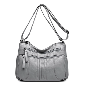 Elegant grey multi-pocket soft leather shoulder bag for women with adjustable strap