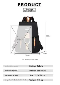 Tableau des tailles détaillé pour sac à dos en nylon noir, 33x16x26cm, matériau imperméable