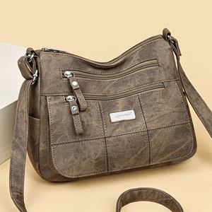 Vintage brown PU leather crossbody bag with multiple zippers and large capacity for women