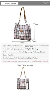 Borsa tote a quadretti rosa dimensioni 31x10x28cm e confronto scala con smartphone