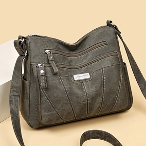 Women Crossbody Bag Multi Zipper Pockets Washed PU Leather Large Capacity Retro Shoulder Handbag Casual Versatile