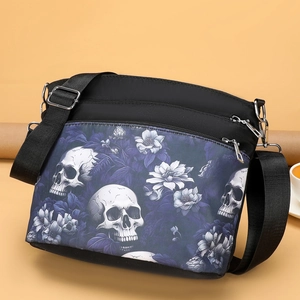 Damen Totenkopf Blumenmuster Oxford Stoff Umhängetasche Gothic Punk Mehrlagige Verstellbare Schultertasche