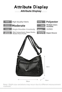 Detailed technical diagram showing dimensions of black multi-zipper crossbody bag